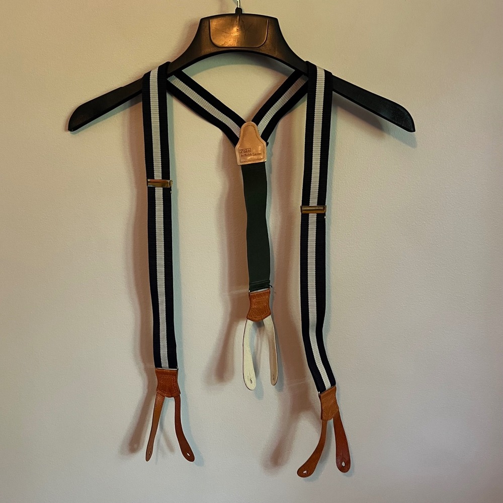Polo Ralph Lauren Mens Striped Y-Back Suspenders Leather Button Tabs Navy Green